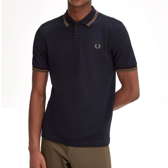 Fred Perry Men's Short Sleeve M3600 Twin Tipped Polo Shirt Navy/Nutflake/FDGreen - Picture 1 of 6